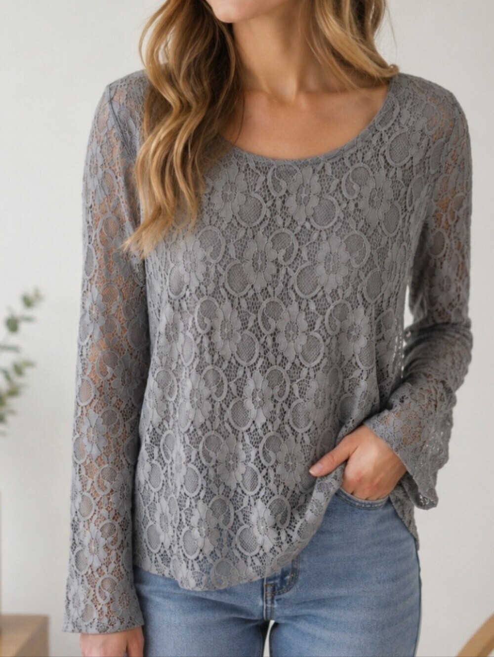 Gray long sleeve floral lace overlay blouse sheer whimsical soft romantic XXL
